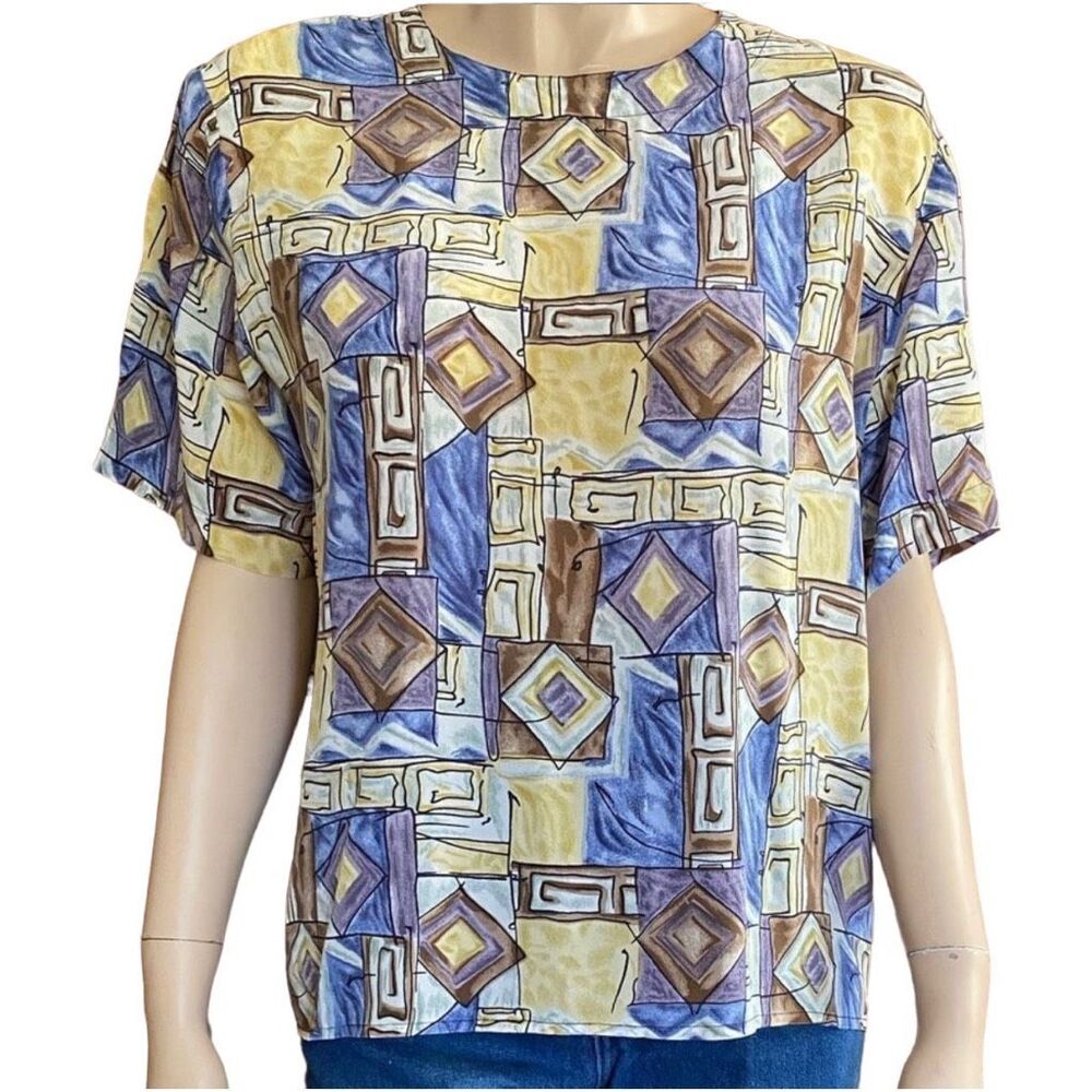 80s Silk Shirt Vintage Top Geometric Print Blouse Size Large